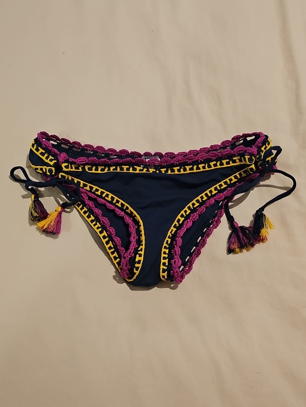 BECCA Navy Bikini Bottom with Purple and Yellow Crochet Accents